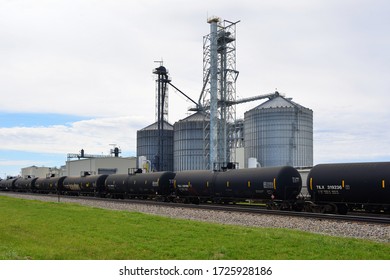 LENA, ILLINOIS - May 2,2020: Train Tanker Cars Waiting To Be Loaded At The Adkins Energy Ethanol Plant       