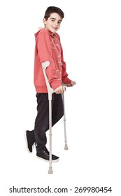 Length Child With Crutches On White Background