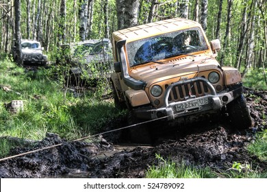 Leningrad Oblast, the Karelian isthmus, Russia, may 30, 2014. check out off-road's Jeep Wrangler club, the Jeep Wrangler is a compact four wheel drive off road and sport utility vehicle