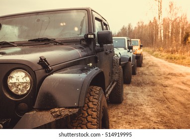 Leningrad Oblast, Russia, October 22, 2016 Offroad expedition by jeep Wrangler in the Leningrad region, the Jeep Wrangler is a compact four wheel drive off road and sport utility vehicle