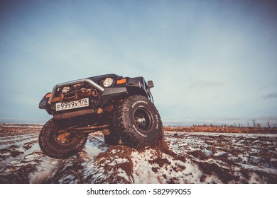 Leningrad region, Russia - February 18, 2017 Jeep Wrangler tj offroad Wrangler is a compact SUV produced by Chrysler