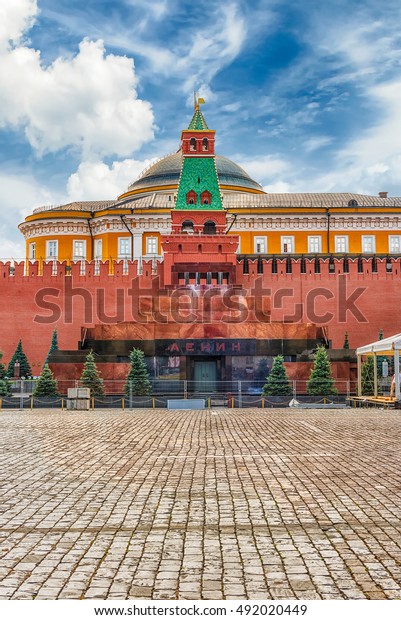 Lenin\'s Mausoleum, iconic\
resting place of Vladimir Lenin in the center of Red Square,\
Moscow, Russia
