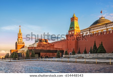 Lenin's Mausoleum in Moscow on Red Square and the Spassky Clock Tower