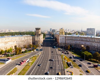 Leninsky Avenue With Monument To Yuri Gagarin During The Midday Down Town. Top View Of The Avenue And Car Traffic.