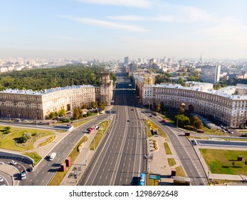 Leninsky Avenue With Monument To Yuri Gagarin During The Midday Down Town. Top View Of The Avenue And Car Traffic.