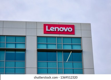 Lenovo logo on Silicon Valley campus of Chinese-American multinational technology company - Santa Clara, California, USA - April 14, 2019