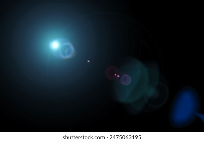 Lens flare, blue glow light effect on black. image of rays light effects, overlays or flare for design. screen blending mode. Set of abstract sun burst, flare, glare over black background.