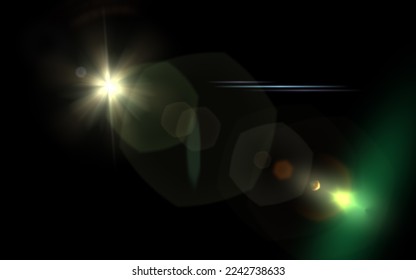 Lens flare glow light effect on black background. image of rays light effects, overlays or flare isolated on black background for design. abstract lens flare green light over black background