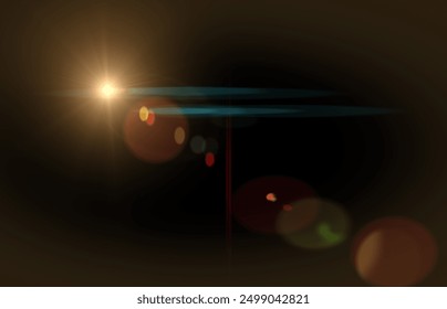 Lens flare and light overlay on black background. orange color. Lens Flare, Sun Flare on black background. Optical Flare effect illustration. lens effects for overlay designs or screen blending mode