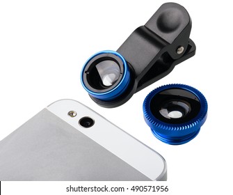 Lens Kit For Cell Phone Camera. Cell Phone Camera Lenses. Lenses Have Blue Body And And Threads For Fastening To A Clip. Shot Was Taking In A Studio.