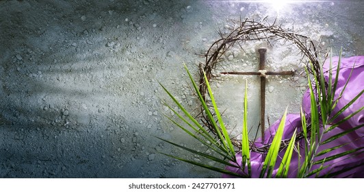 Lenten -  Crown Of Thorns and Cross With Purple Robe On Ash - Palm Leaves And Bloody Spikes For Penitence Concept With Abstract Sunlight