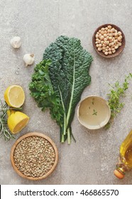 Lentil, Chickpea And Kale Soup Or Stew, Ingredients.  Top View, Vintage Toned Image, Blank Space