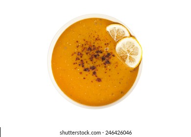 Lentil Cream Soup With Lemon Slices With White Background