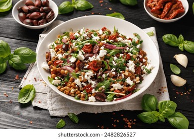 Lentil and Goats Cheese Salad with olives, onion, sun dried tomatoes and arugula. Healthy food - Powered by Shutterstock