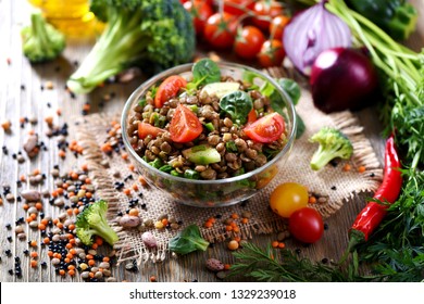 Lentil salad with veggies, healthy food, vegetarian and vegan snack, clean eating, diet, detox
