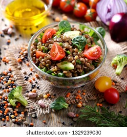 Lentil salad with veggies, healthy food, vegetarian and vegan snack, clean eating, diet, detox, square image