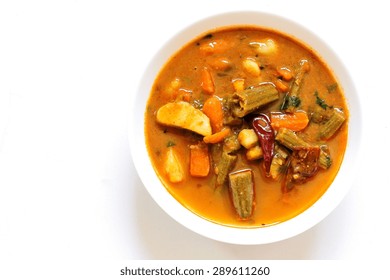 Lentil Sambar - South Indian Curry With Lentil And Vegetables Isolated On White