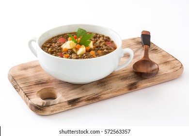 Lentil Soup In A Bowl, Isolated On White Background

