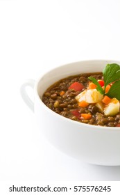 Lentil Soup In A Bowl, Isolated On White Background

