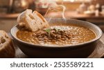 Lentil Soup: Hearty lentil soup with crusty bread, served in a rustic bowl, with a countryside kitchen background, showcasing its warm, comforting, and wholesome appeal