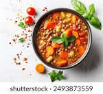 Lentil Soup, Hearty soup made with lentils, carrots, celery, and tomatoes.