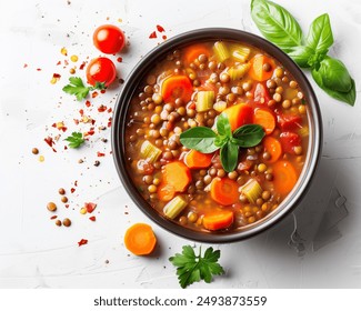 Lentil Soup, Hearty soup made with lentils, carrots, celery, and tomatoes.