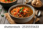 Lentil Soup: Homemade brown lentil soup brimming with carrots, onions, and tomatoes, served in a rustic bowl with a farmhouse kitchen background.