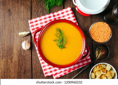 Lentil Soup, Red Ceramic Saucepan, Wooden Background, Legumes, Home Cooking