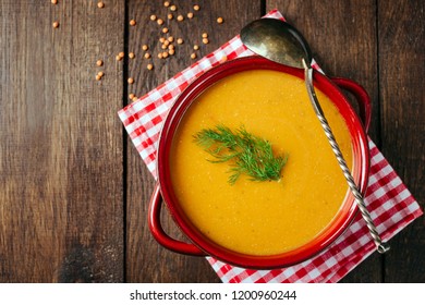 Lentil Soup, Red Ceramic Saucepan, Wooden Background, Legumes, Home Cooking