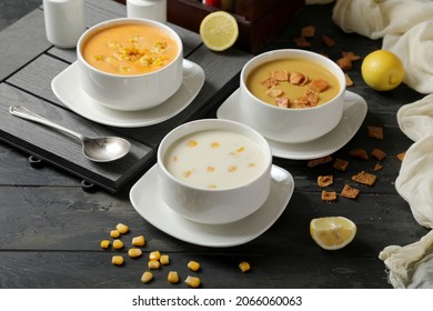 Lentil Soup Served With Toasted Bread, Corn Soup And Shrimp Soup