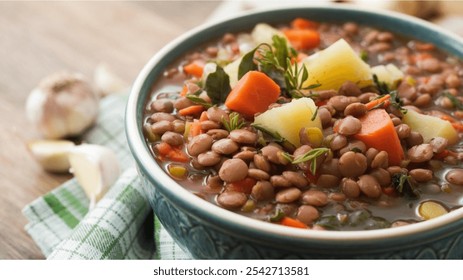 Lentil Stew: A bowl of hearty lentil stew with carrots, potatoes, and green herbs, set on a rustic wooden surface with garlic cloves and a checkered cloth. - Powered by Shutterstock