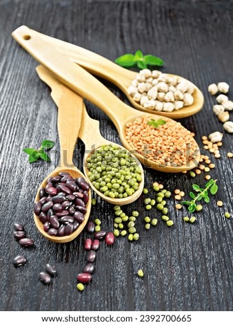 Lentils, mung beans, chickpeas and ruby haricot in spoons and on the table, oregano leaves on a wooden board background