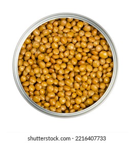 Lentils In An Opened Can. Cooked And Canned Small Brown Lentils, Seeds Of Lens Culinaris, A Legume And Staple, Used For Thick Curry, Gravy Or Dal. Isolated, From Above, Close-up, Macro Food Photo.