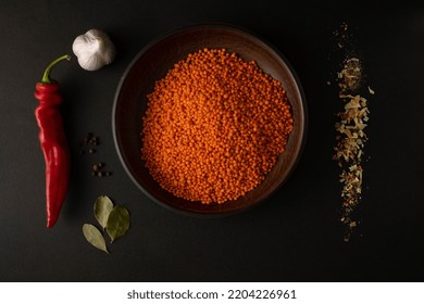 Lentils And Spices On Dark. Cooking Lentil Soup.