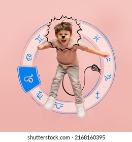 Leo  Thematic image cute kid and drawing zodiac signs isolated pink background and pencil sketches  Concept birthday  person's character  year  horoscope  Design for card  cover