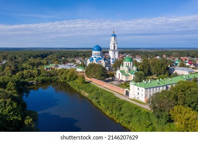 Leo Tolstoy village, Kaluga Oblast, Russia - September, 2021: Religion in the region. View of Kaluga Monastery Uspenskaya Tikhonova Pustyn on sunny day.