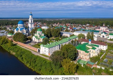 Leo Tolstoy village, Kaluga Oblast, Russia - September, 2021: Holy places of the country. Aerial view of Kaluga Monastery Uspenskaya Tikhonova Pustyn on sunny day.