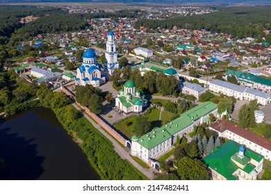 Leo Tolstoy village, Kaluga Oblast, Russia - September, 2021: Attractions of the region. Aerial view of Kaluga Monastery Uspenskaya Tikhonova Pustyn on sunny day.