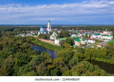 Leo Tolstoy village, Kaluga Oblast, Russia - September, 2021: Tourism in the region. Aerial view of Kaluga Monastery Uspenskaya Tikhonova Pustyn on sunny day.