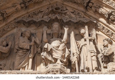 Leon Cathedral Main Facade, Spain. Tympanum Detail Of White Virgin Mary Portal