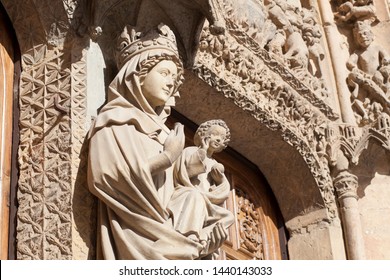 Leon Cathedral Main Facade, Spain. White Virgin Mary Portal. Closeup