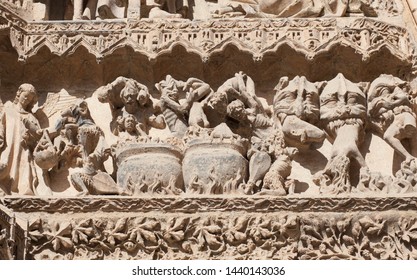 Leon Cathedral Main Facade, Spain. Final Judgment Scene At Hell