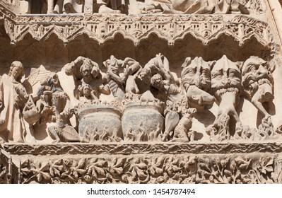 Leon Cathedral Main Facade, Spain. Final Judgment Scene At Hell