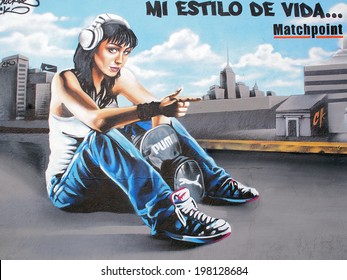 LEON, MEXICO - OCTOBER 12, 2013: Artistic Graffiti Or Street Art By Unknown Artists In The City Of Leon, State Of Guanajuato.  Leon Is The Capital Of Shoemaking Industry In Mexico.  