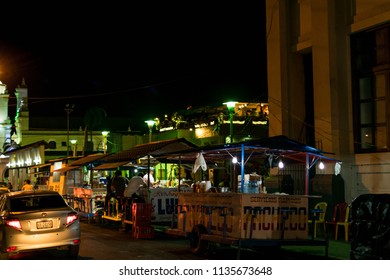 Leon, Nicaragua. February 9, 2018. A Line Of Stalls Selling Food Late Into The Night In Leon, Nicaragua