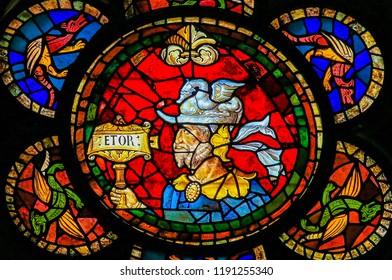 Leon, Spain - July 17, 2014: Stained Glass In The Cathedral Of Leon, Spain, Depicting Hector, Trojan Prince And Greatest Fighter For Troy In The Trojan War.