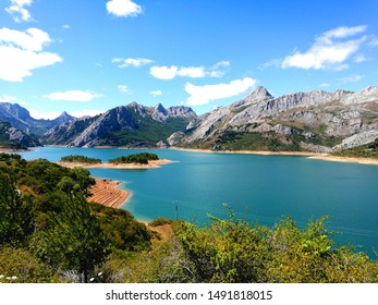 Leon Spain Landmark. Mountain Lake Scene. Reservoir with Island. Summer Landscape. - Shutterstock ID 1491818015