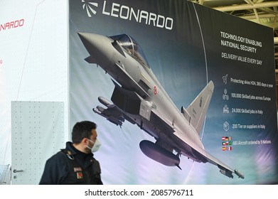 Leonardo Aviation And Defence Equipment Company Booth And Logo At Aerospace Fair Turin Italy November 30 2021