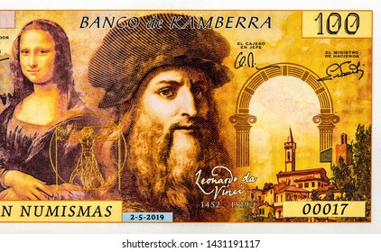 Leonardo di ser Piero da Vinci, Mona Lisa, portrait from  50 Numismas Canberra 2019 Banknotes. Fancy Polymer money. Applied Currency Concepts. Banknote Close Up UNC Uncirculated - Collection
