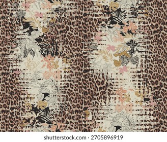 Leopard and floral mixed seamless pattern with animal print details, fashion textile design for dress, scarf and home textile printing